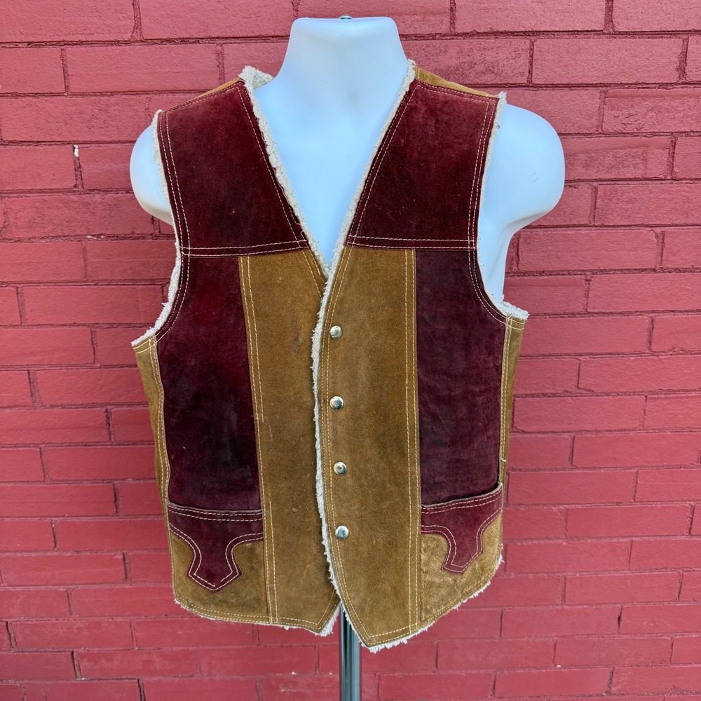 Vintage 70s Leather Shearling Lined Vest‎ Mens Medium Western Cowboy Marlboro